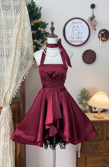 Charming A Line Halter Lace Burgundy Satin Short Homecoming Dress Cocktail Dress HZ1023